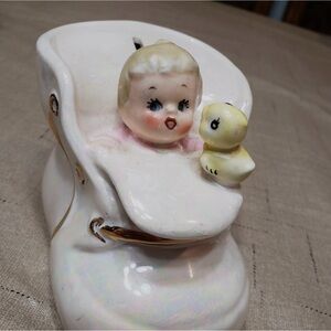Lefton 1940 Baby in Bootie Iridescent Ceramic Bank on bottom Japan w Sticker
